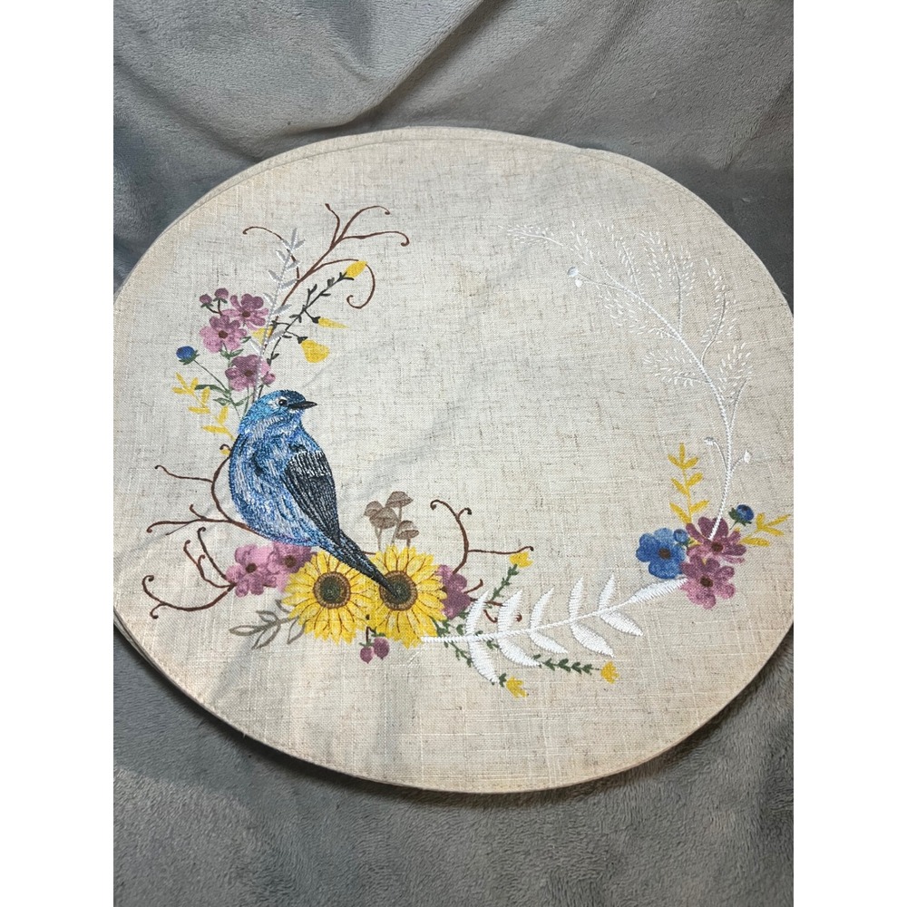 Embroidered Blue Bird Floral Round Placemats Set of 8 Cottagecore 15"